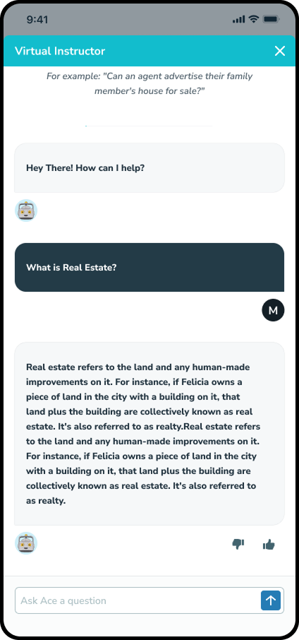 Final design of the Virtual Instructor AI chat experience shown on a phone